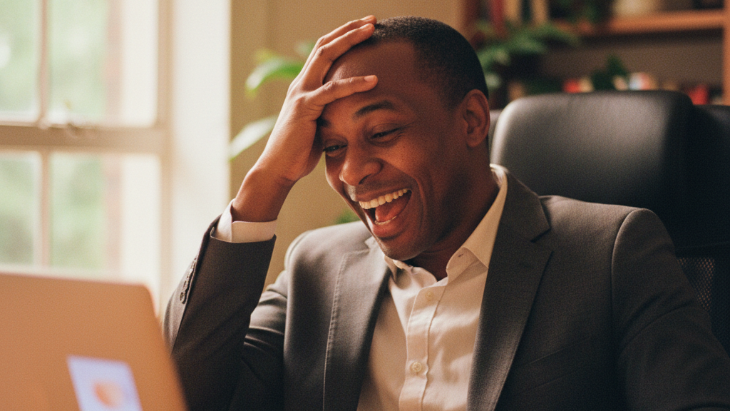 A man laughing in disbelief at his laptop screen in warm light